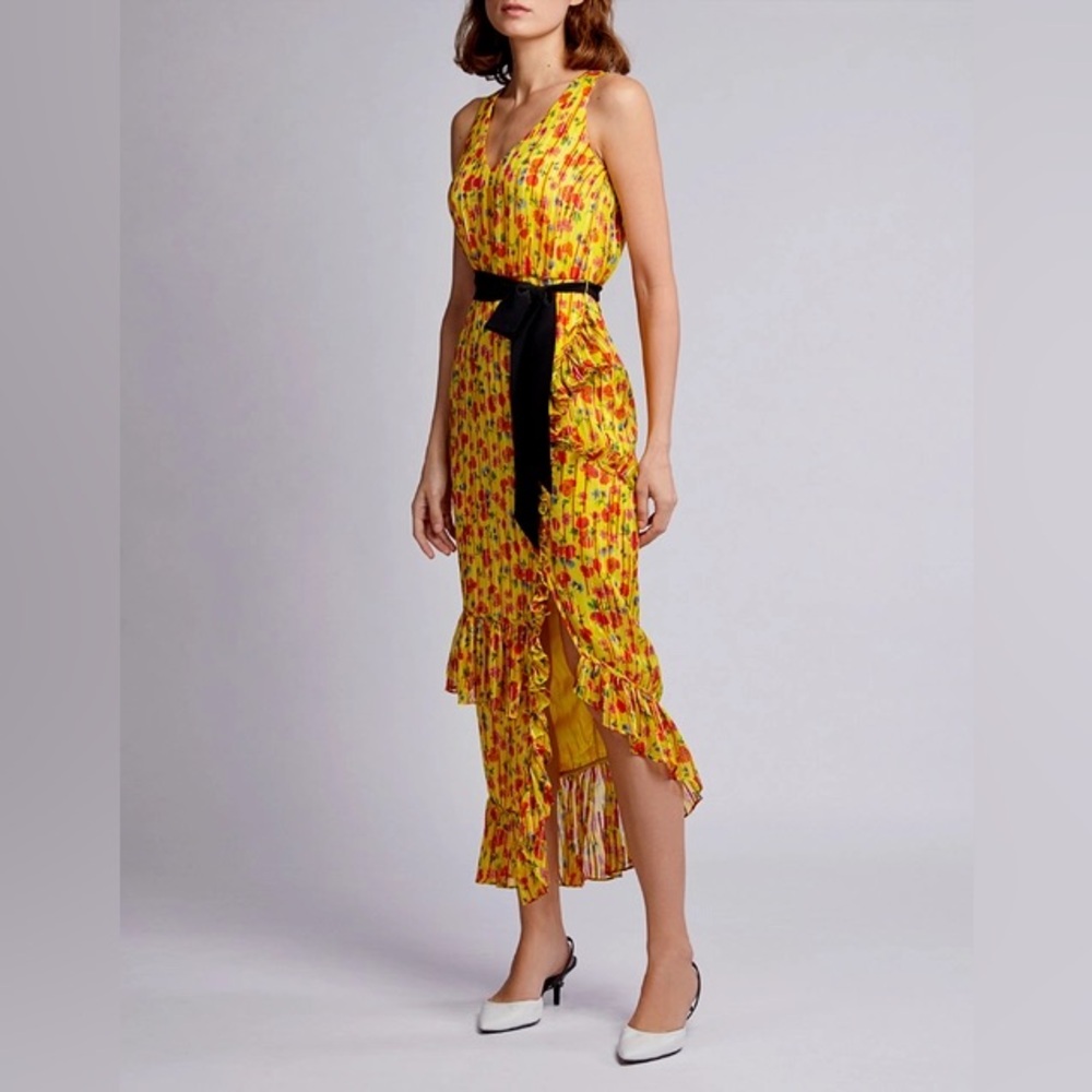SALONI SILK Blend Rosalind Floral V-neck Ruffled Chiffon Midi Dress Size 2